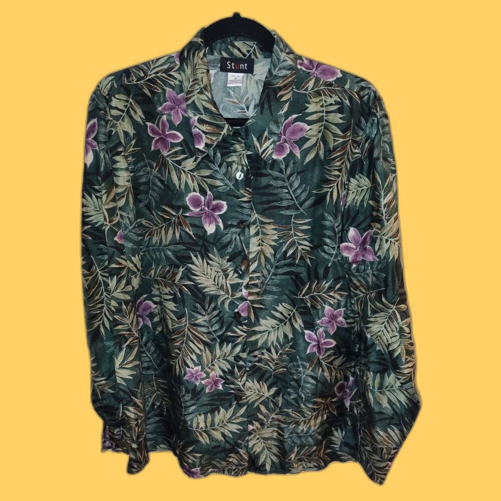 Vintage Stunt 100% Silk Tropical Floral Long Sleeve Button Up Shirt Size M 90s